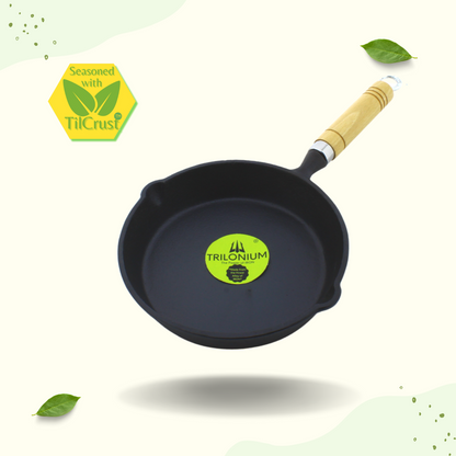 Trilonium Cast Iron Wooden handle Skillet 20 cms | Pre-Seasoned with TilCrust™ | Weighs 1.2 Kgs | Induction Compatible