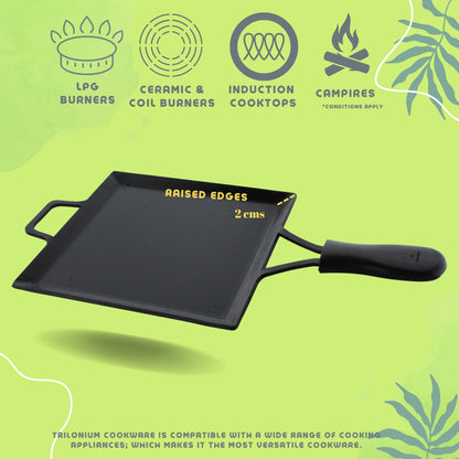 Trilonium Triple Seasoned Iron Multi Purpose Square Griddle Tawa 26x26 cms