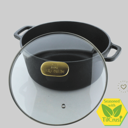 Trilonium Pre-Seasoned Cast Iron Dutch Pot, Casserole, Biryani Pot, Cooking Pot with Glass lid, 24cm, 3.5 Litres, 3.7 Kgs