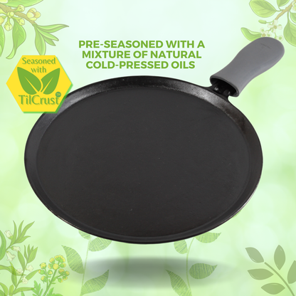 Trilonium Unicorn Triple seasoned Cast Iron Dosa Tawa 29 cms, weighs 2.49 Kgs | Induction Compatible | Free Silicone Heat Proof Sleeve Grip for hot handles and Free Dosa Spatula