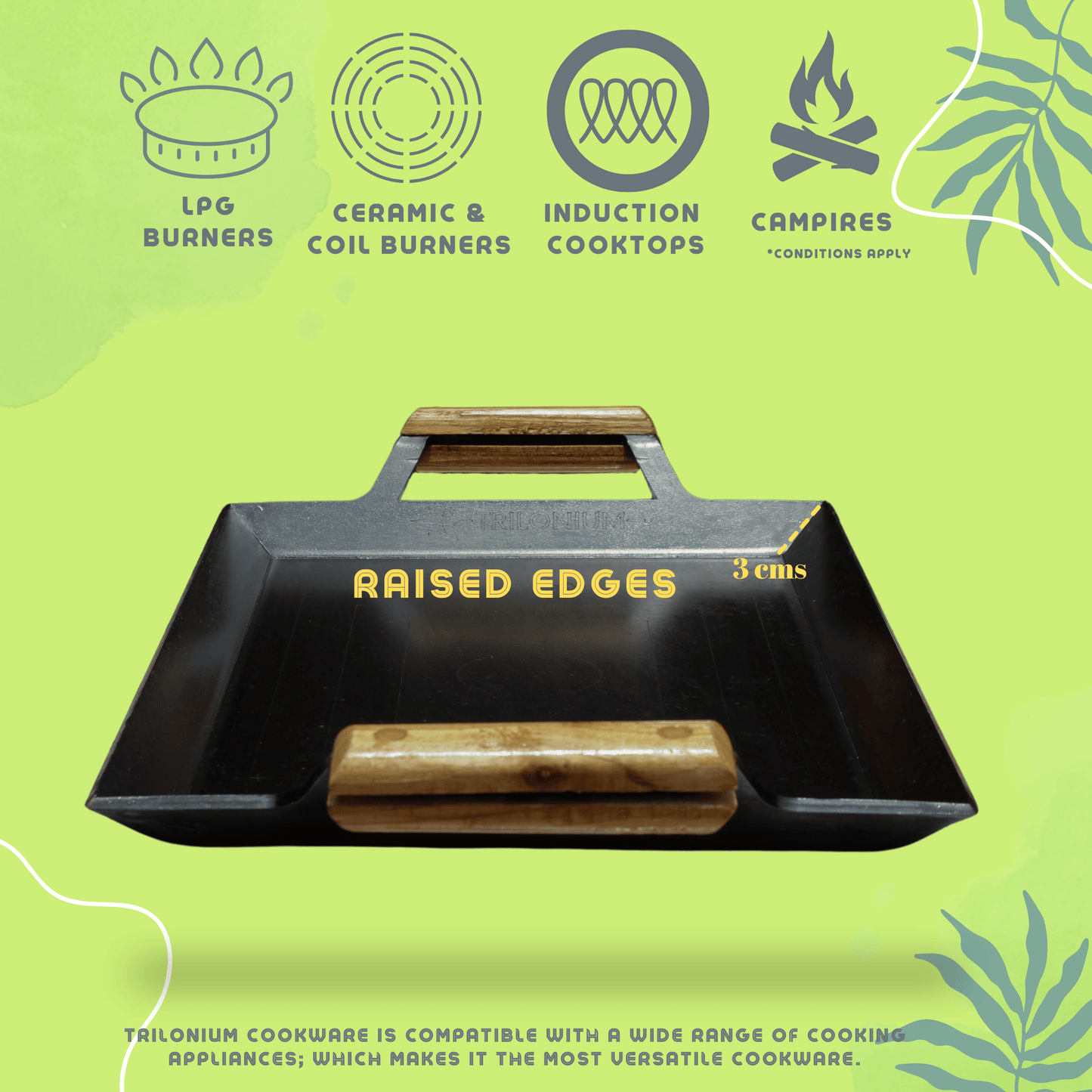 Trilonium Triple Seasoned Iron Rudra Multi Purpose Rectangular Griddle Tawa 44 x 30 cms with Wooden Handles