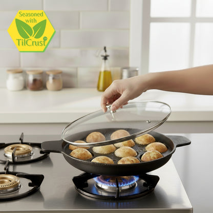 Cast Iron Paniyarakkal With Lid | Paniyaram Pan 12 Pits | Pre-Seasoned | 24cm | 2.2 Kgs