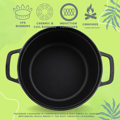 Trilonium Pre-Seasoned Cast Iron Dutch Oven Pot, Casserole, Biryani Pot, Cooking Pot, 28cm