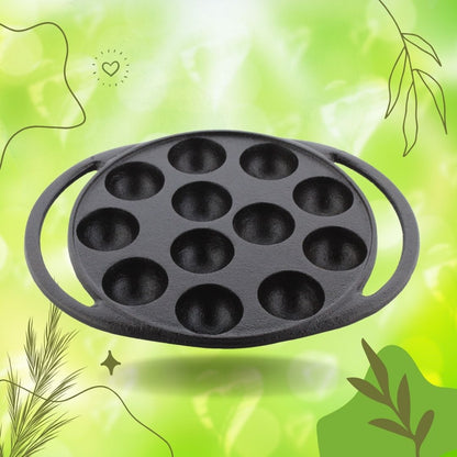 Trilonium Triple Seasoned Cast Iron Paddu | Paniyarakkal | Paniyaram Pan 12 Pits with Lid | 2 Kgs