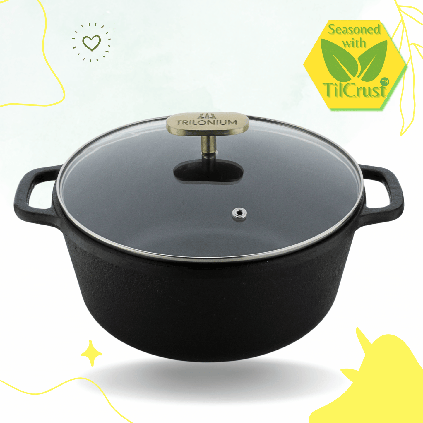 Trilonium Pre-Seasoned Cast Iron Dutch Pot, Casserole, Biryani Pot, Cooking Pot with Glass lid, 24cm, 3.5 Litres, 3.7 Kgs