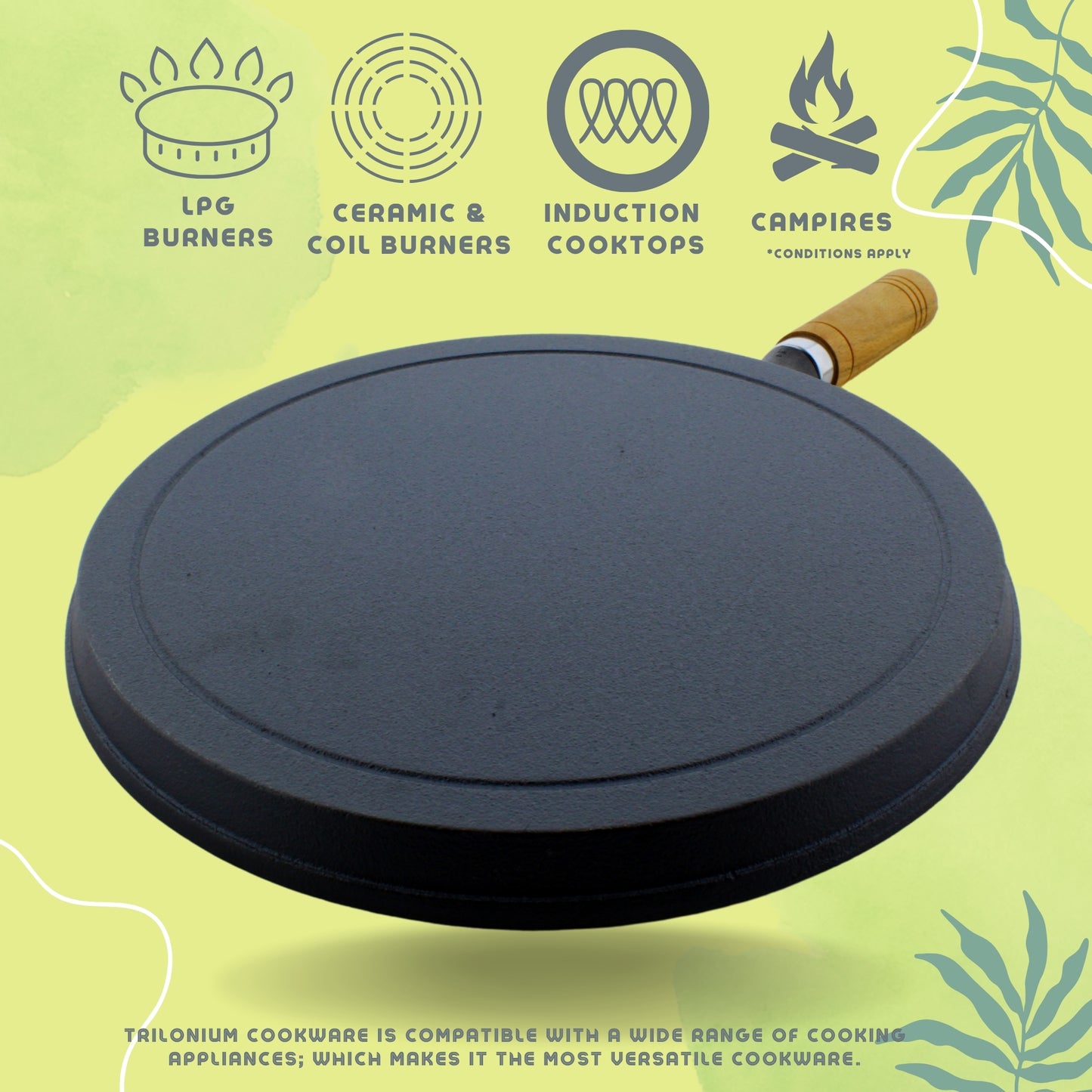 Trilonium Pre-seasoned Cast Iron Wooden Handle Tawa 10 inches | Weighs 1.4 kgs