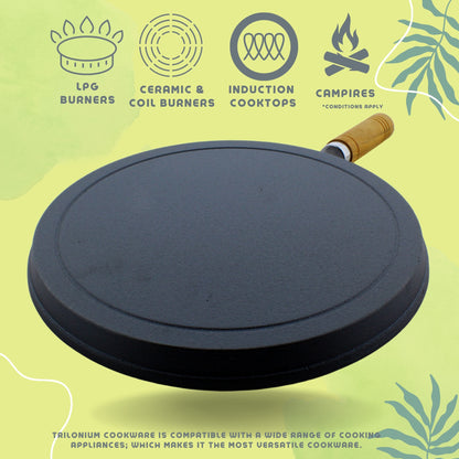 Trilonium Pre-seasoned Cast Iron Wooden Handle Tawa 10 inches | Weighs 1.4 kgs