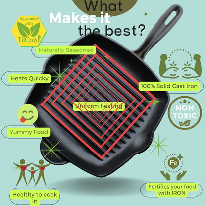 Trilonium Cast Iron Grill Pan 26 cm | Pre-Seasoned with TilCrust™ | Weighs 2.4 Kgs | Induction Compatible