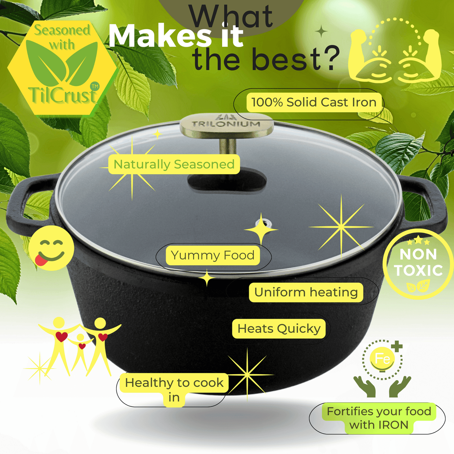 Trilonium Pre-Seasoned Cast Iron Dutch Pot, Casserole, Biryani Pot, Cooking Pot with Glass lid, 24cm, 3.5 Litres, 3.7 Kgs