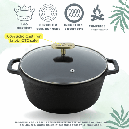 Trilonium Pre-Seasoned Cast Iron Dutch Pot, Casserole, Biryani Pot, Cooking Pot with Glass lid, 24cm, 3.5 Litres, 3.7 Kgs