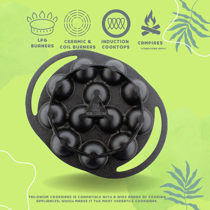 Trilonium Triple Seasoned Cast Iron Paddu | Paniyarakkal | Paniyaram Pan 12 Pits with Lid | 2 Kgs