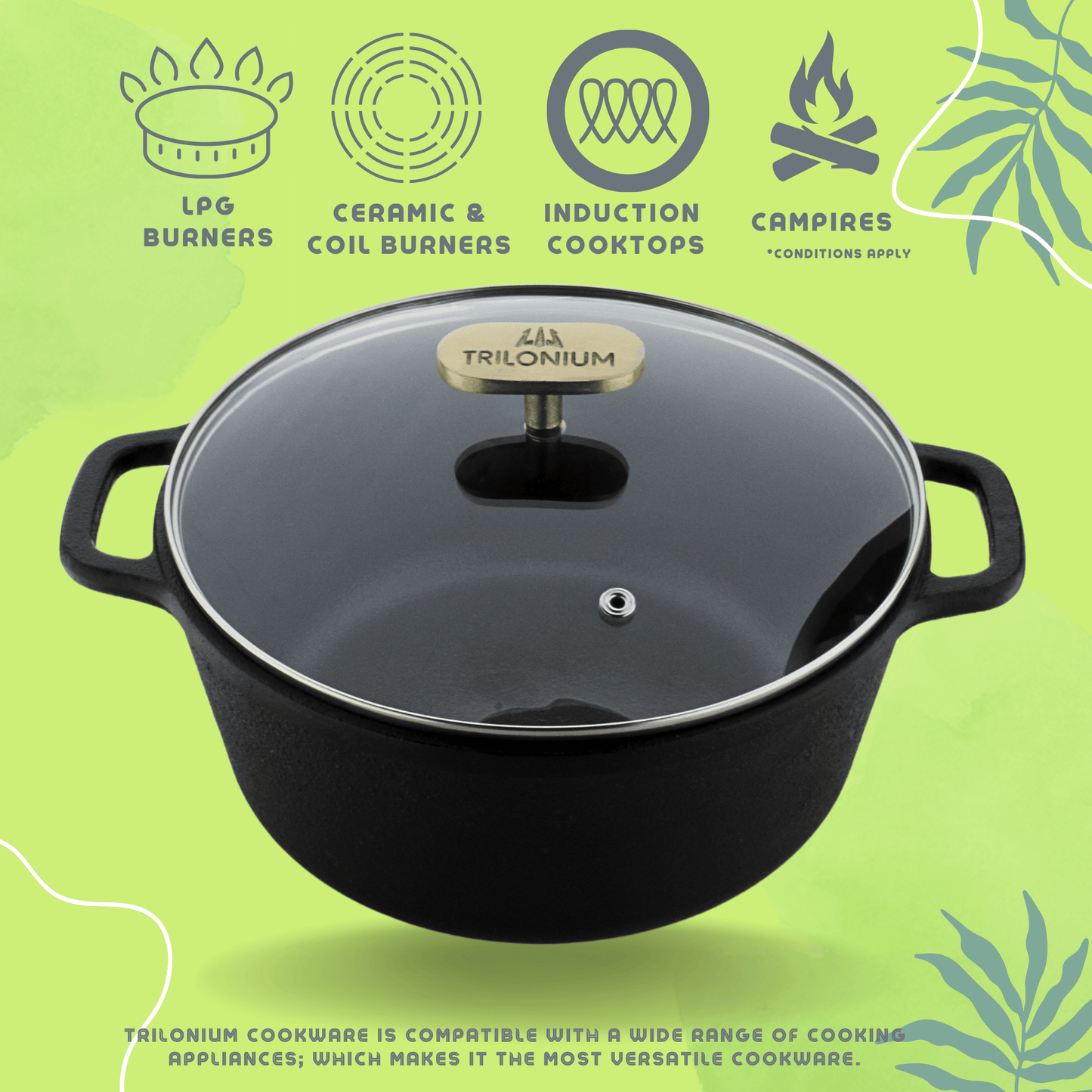 Trilonium Pre-Seasoned Cast Iron Dutch Pot, Casserole, Biryani Pot, Cooking Pot with Glass lid, 24cm, 3.5 Litres, 3.7 Kgs