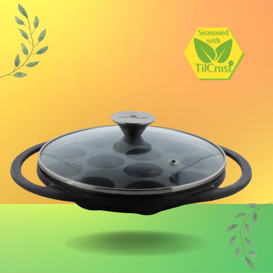 Trilonium Triple Seasoned Cast Iron Paddu | Paniyarakkal | Paniyaram Pan 12 Pits with Lid | 2 Kgs