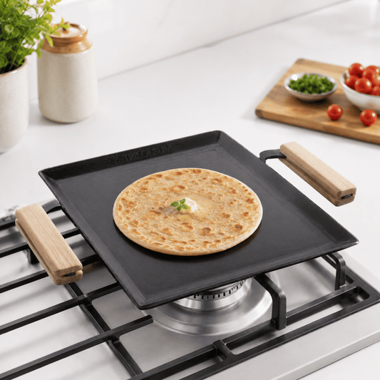 Trilonium Tejas Triple Seasoned Iron Tawa Square – 28x28 cm, Weighs 3.5 Kgs | Toxin-Free, Lifetime Warranty