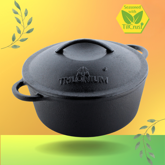 Trilonium Pre-Sessoned Cast Iron Dutch Oven Biryani Pot 26 cms, 5 Litres, 5.6 Kgs