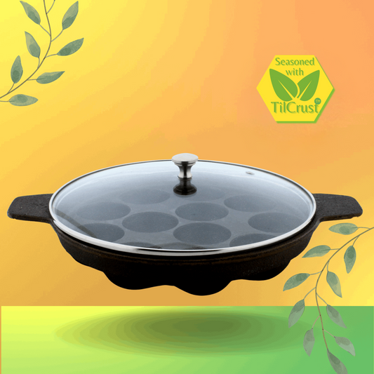 Cast Iron Paniyarakkal With Lid | Paniyaram Pan 12 Pits | Pre-Seasoned | 24cm | 2.2 Kgs