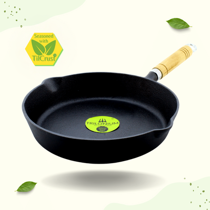 Trilonium Cast Iron Wooden handle Skillet 26 cms | Pre-Seasoned with TilCrust™ | Weighs 2.4 Kgs | Induction Compatible