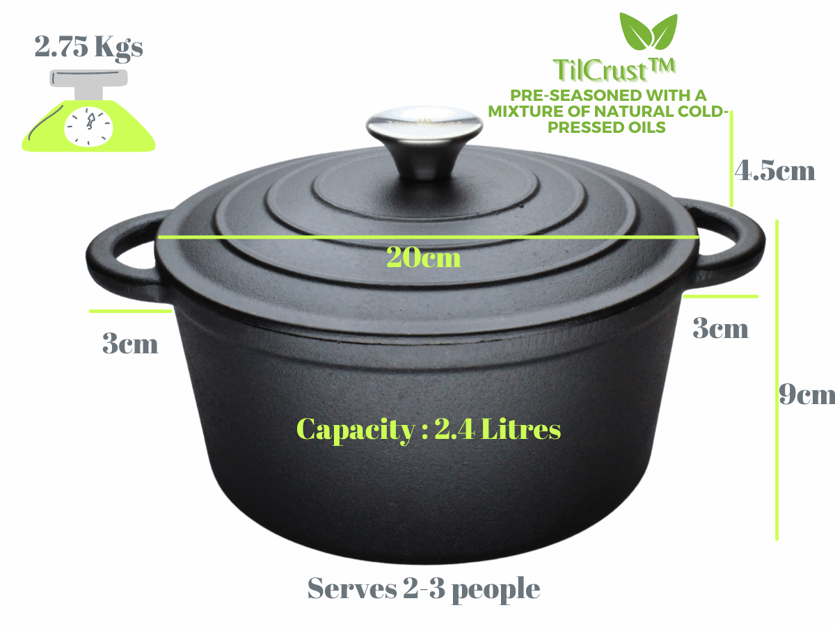 Cast Iron Dutch Oven Pot | Casserole | Biryani Pot | Cooking Pot | Pre-Seasoned | 20cm | 2.4 Litres | 2.75 KG TRILONIUM | Cast Iron Cookware