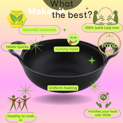 Trilonium Triple Seasoned Cast Iron CrockWok Kadhai 24 cms, 2.2 kgs