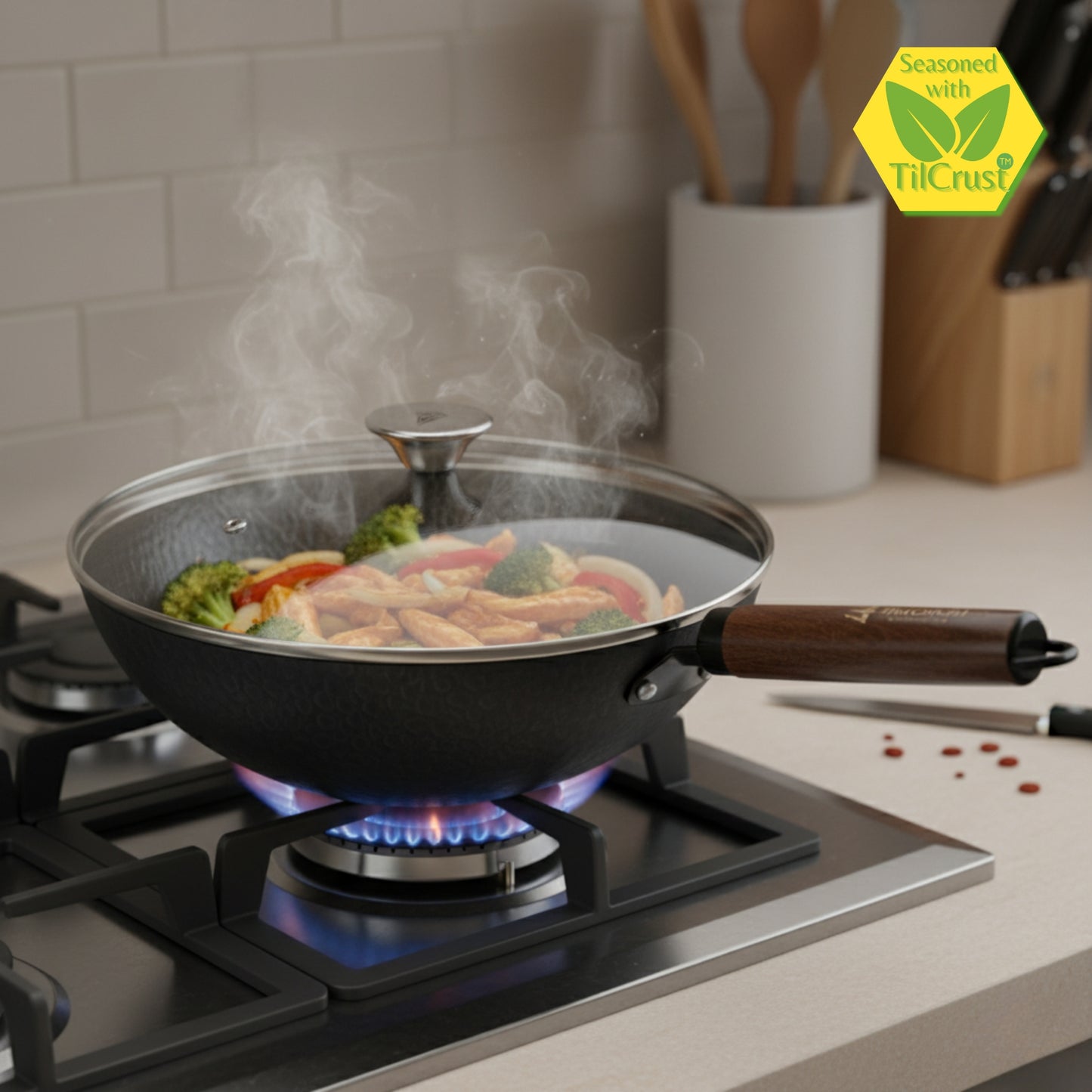 Trilonium Carbon Steel Chinese Wok 26 cms with Toughened Glass Lid