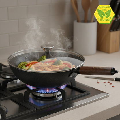 Trilonium Carbon Steel Chinese Wok 26 cms with Toughened Glass Lid