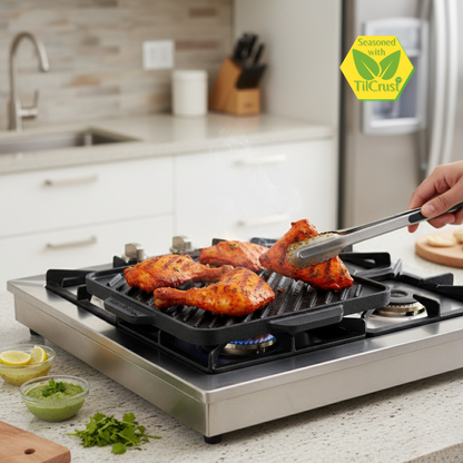 Trilonium Triple-Seasoned Cast Iron Square Reversible Grill Griddle Tawa 10.5 inches