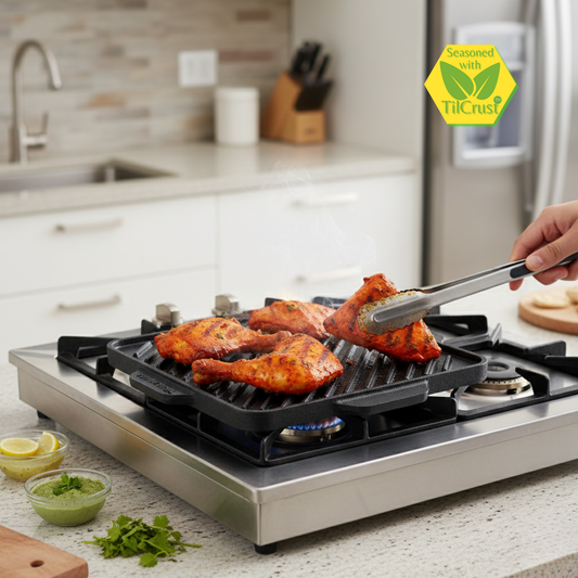 Trilonium Triple-Seasoned Cast Iron Square Reversible Grill Griddle Tawa 10.5 inches