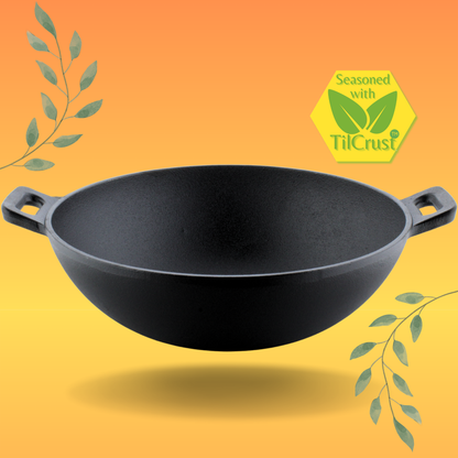 Trilonium Triple Seasoned Cast Iron Kadai 26 cm, Sleek, Weighs 2.4 kgs Capacity 3 L