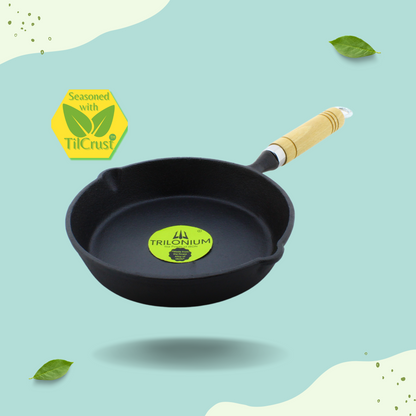 Trilonium Cast Iron Wooden handle Skillet 20 cms | Pre-Seasoned with TilCrust™ | Weighs 1.2 Kgs | Induction Compatible