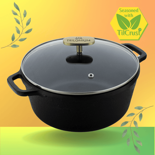 Trilonium Pre-Seasoned Cast Iron Dutch Pot, Casserole, Biryani Pot, Cooking Pot with Glass lid, 24cm, 3.5 Litres, 3.7 Kgs