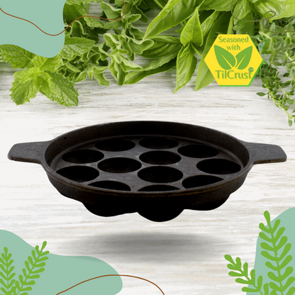 Cast Iron Paniyarakkal With Lid | Paniyaram Pan 12 Pits | Pre-Seasoned | 24cm | 2.2 Kgs