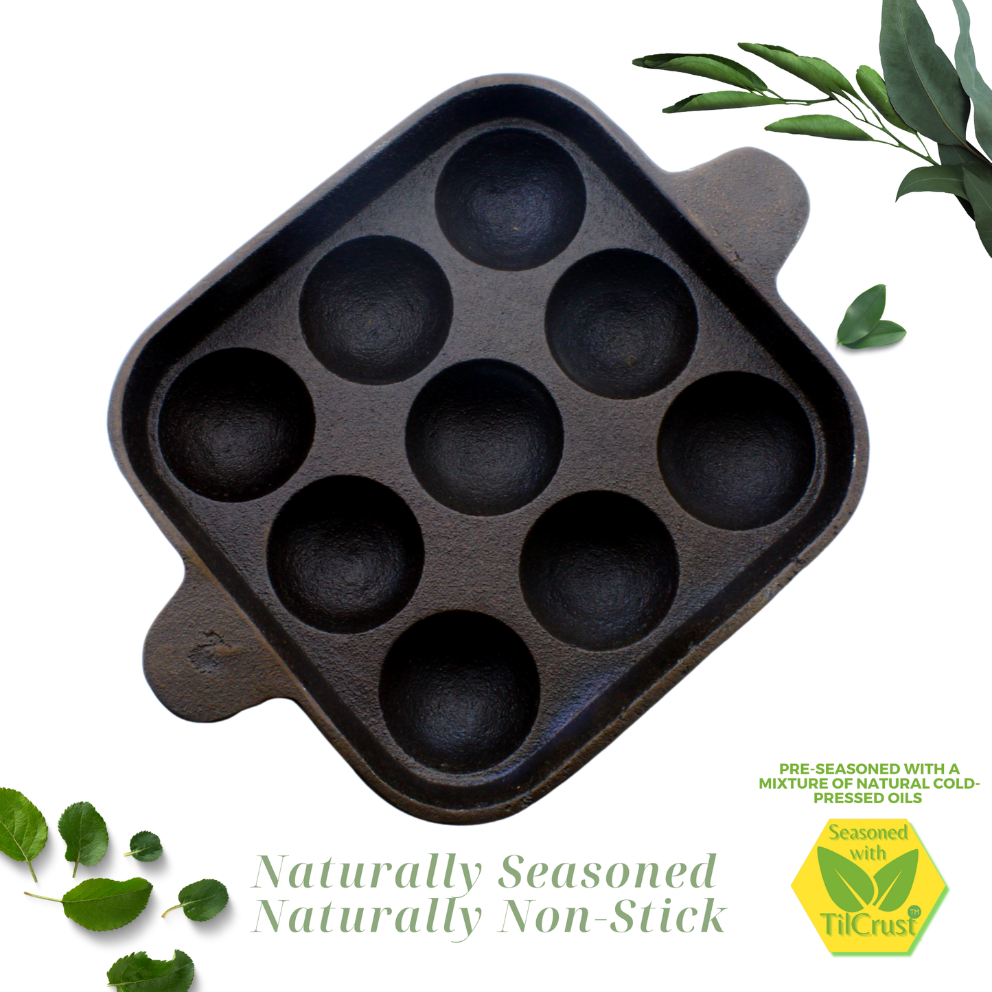 Cast Iron Paniyarakkal 9 Pits | Paniyaram Pan | Pre-Seasoned | 18cm | 1.36 Kgs | Square