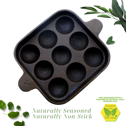 Cast Iron Paniyarakkal 9 Pits | Paniyaram Pan | Pre-Seasoned | 18cm | 1.36 Kgs | Square