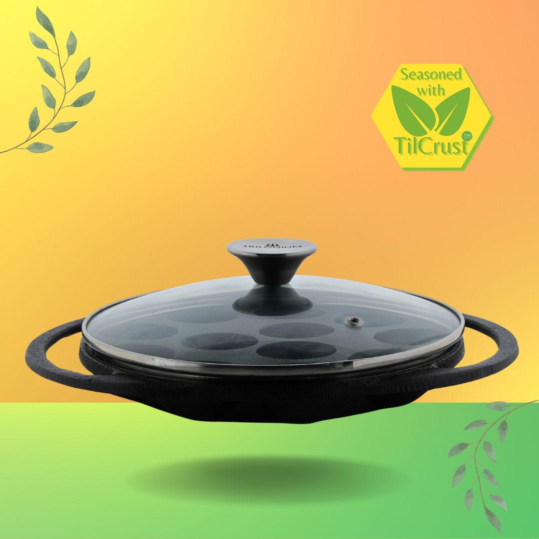 Trilonium Triple Seasoned Cast Iron Paddu | Paniyarakkal | Paniyaram Pan 12 Pits with Lid | 2 Kgs