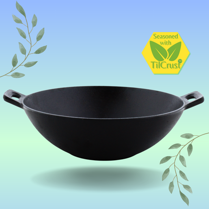 Trilonium Triple Seasoned Cast Iron Kadhai 24 cm, Sleek, Weighs 2 kgs Capacity 2.2L