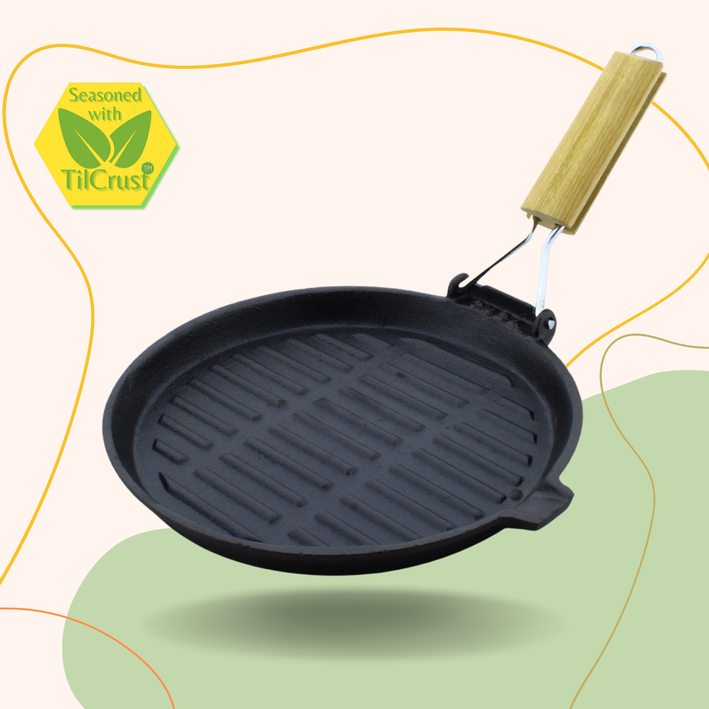 Cast Iron round Grill Pan with Foldable Handle | Pre-Seasoned | 24cm | 1.63 Kgs | Induction Compatible