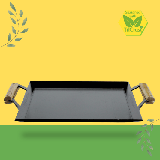 Trilonium Triple Seasoned Iron Rudra Multi Purpose Rectangular Griddle Tawa 44 x 30 cms with Wooden Handles