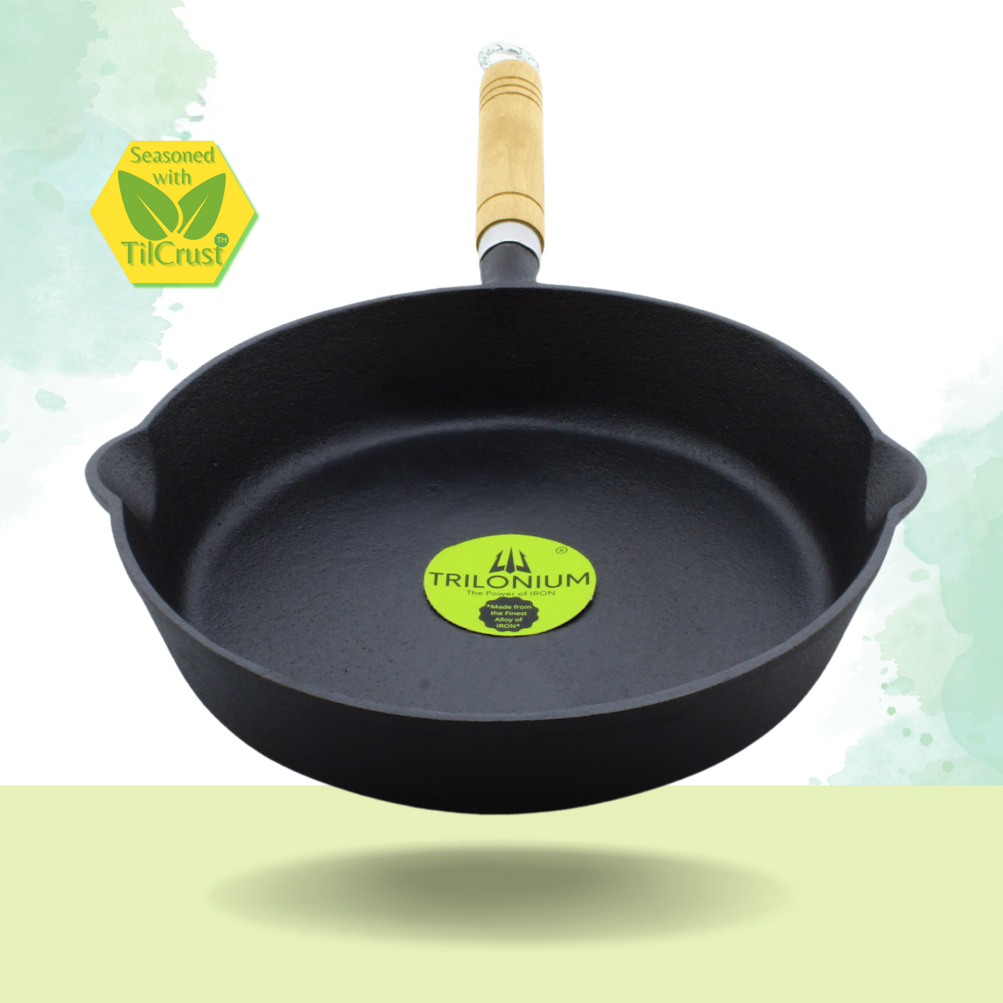 Trilonium Cast Iron Wooden handle Skillet 26 cms | Pre-Seasoned with TilCrust™ | Weighs 2.4 Kgs | Induction Compatible