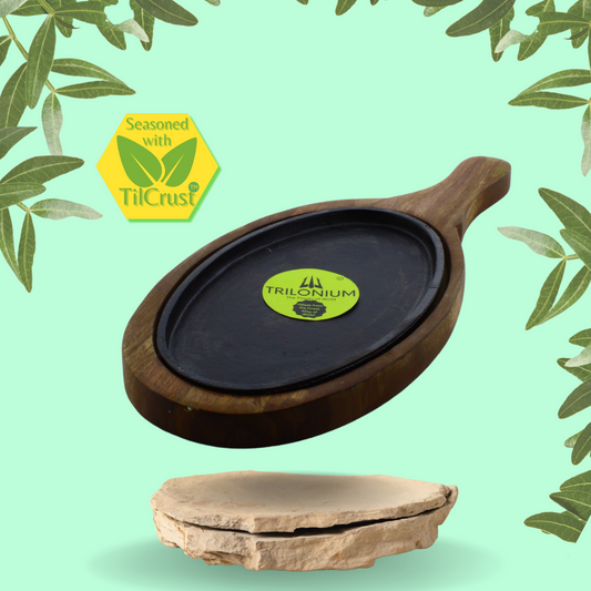 Trilonium Pre-Seasoned Cast Iron Sizzler Plate With Wooden Base | Oval | 1.23 Kgs