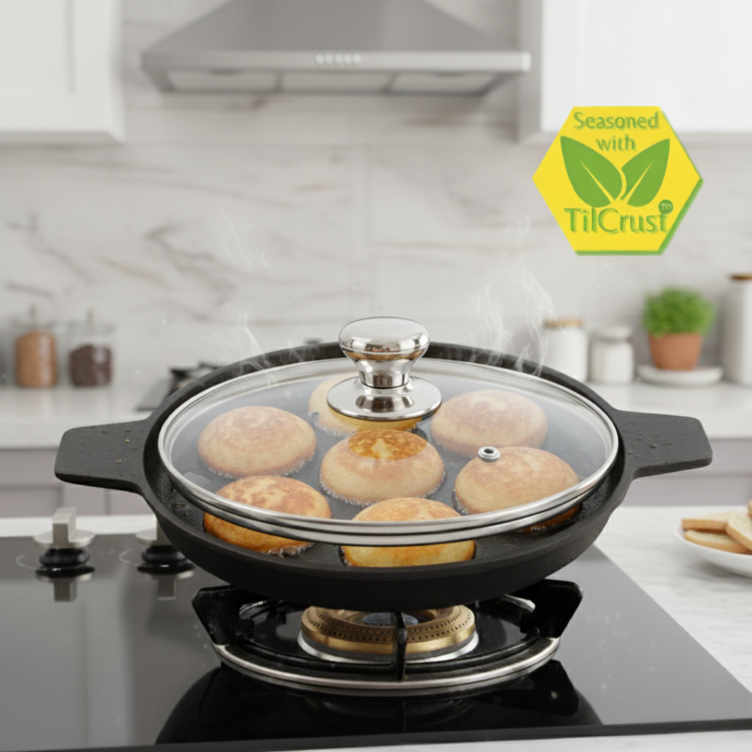 Trilonium Triple Seasoned Cast Iron 7 Pits Paniyaram Pan with Lid 16 cms