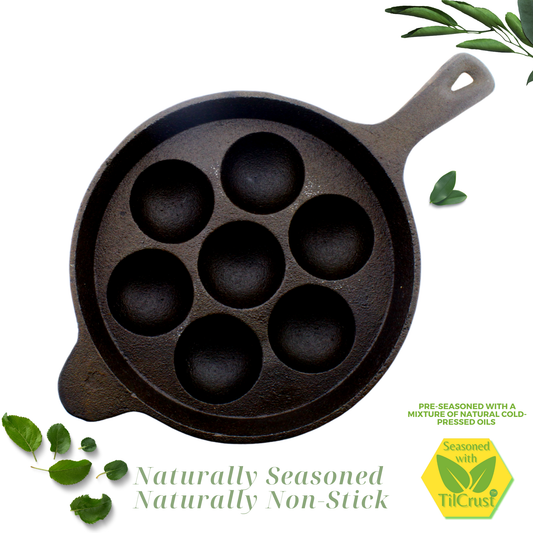 Cast Iron Paniyarakkal | Paniyaram Pan 7 Pits | Pre-Seasoned | 7.6 Inches | 2 Kgs | Long Handle