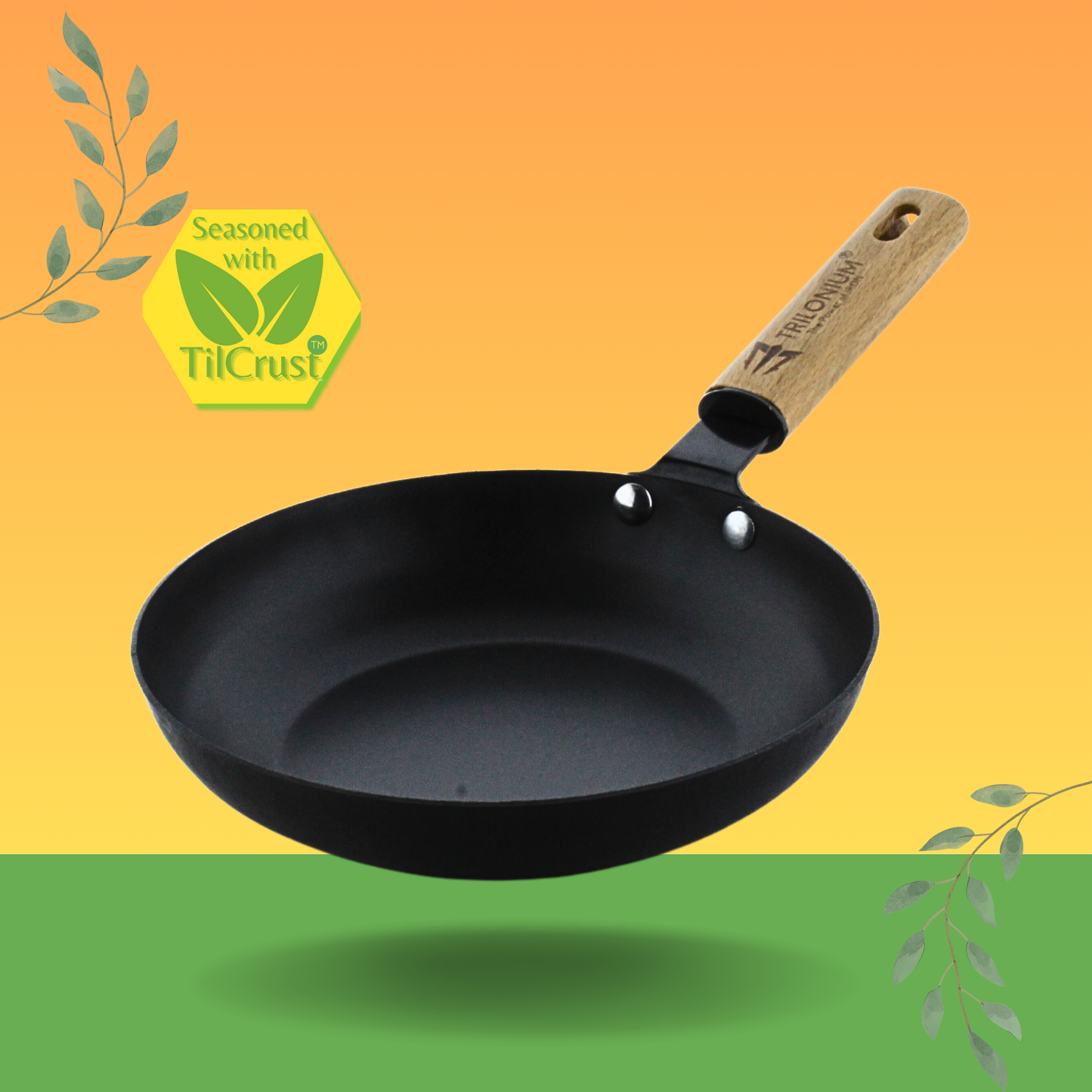 Trilonium Pre-Seasoned Carbon Steel Skillet Fry Pan 22 cms, Weighs 0.85 Kgs