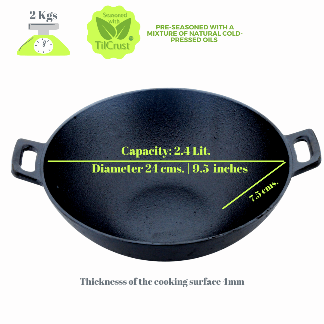 Cast Iron Kadai | Sleek Pre-Seasoned | Sleek | 24 cms | 2 Kgs | With Lid | Induction Compatible
