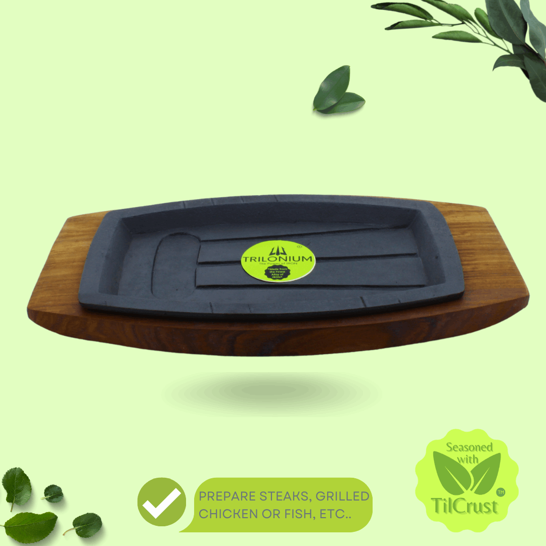 Cast Iron Continental Sizzler Platter Plate | Pre-Seasoned | 29cms X 17cms | Rectangular | With Wooden base