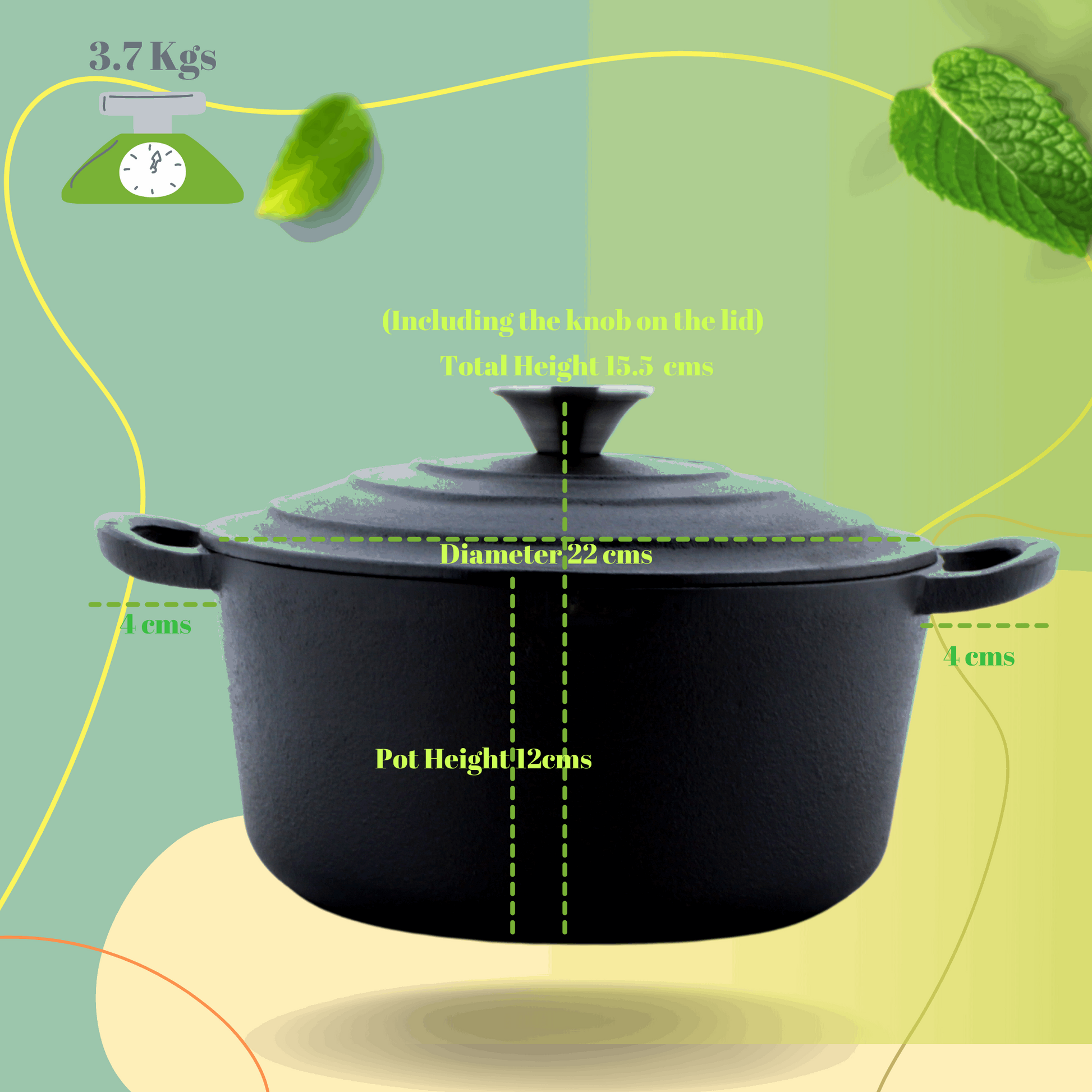 Cast Iron Dutch Oven Pot | Casserole | Biryani Pot | Cooking Pot | Pre-Seasoned | 22cm | 3 Litres | 3.7 Kgs