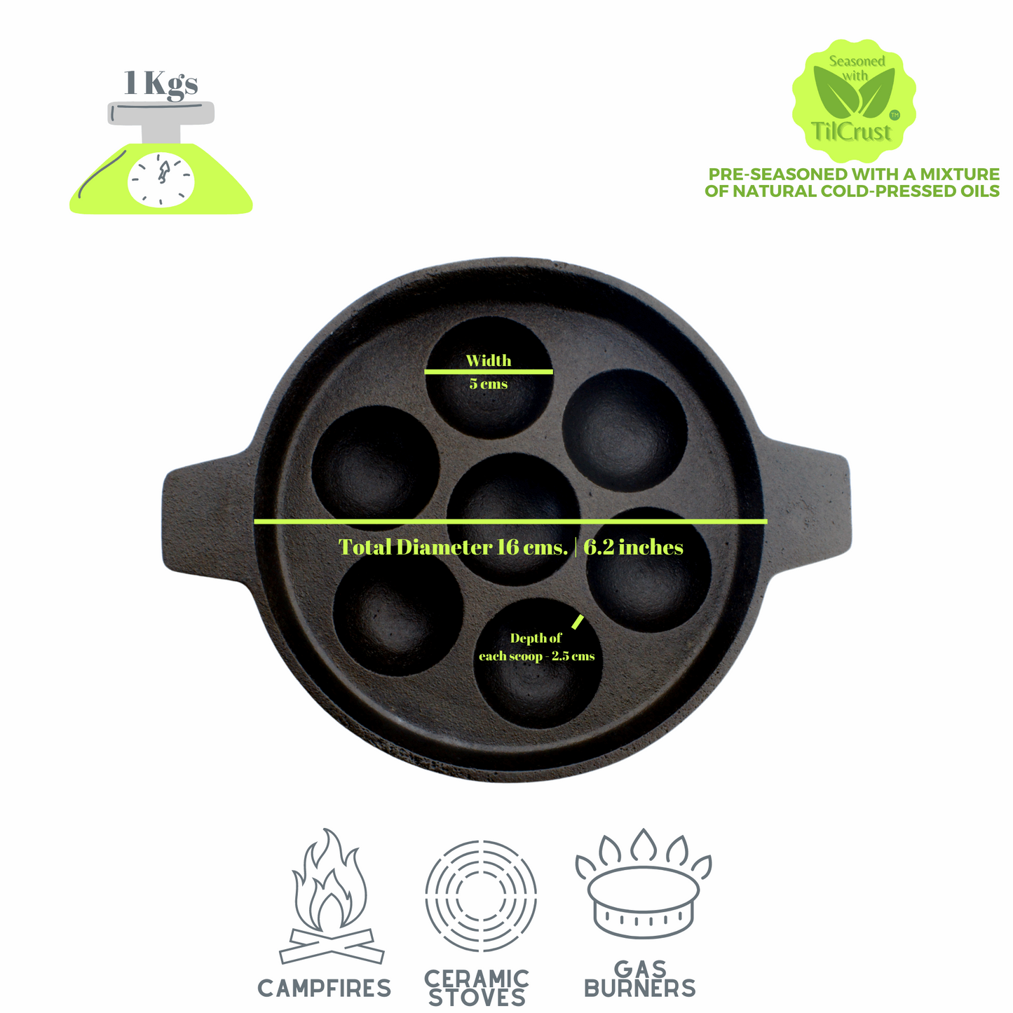 Cast Iron Paniyarakkal 7 Pits | Mini Paniyaram Pan | Pre-Seasoned | 16cm | 1 Kgs