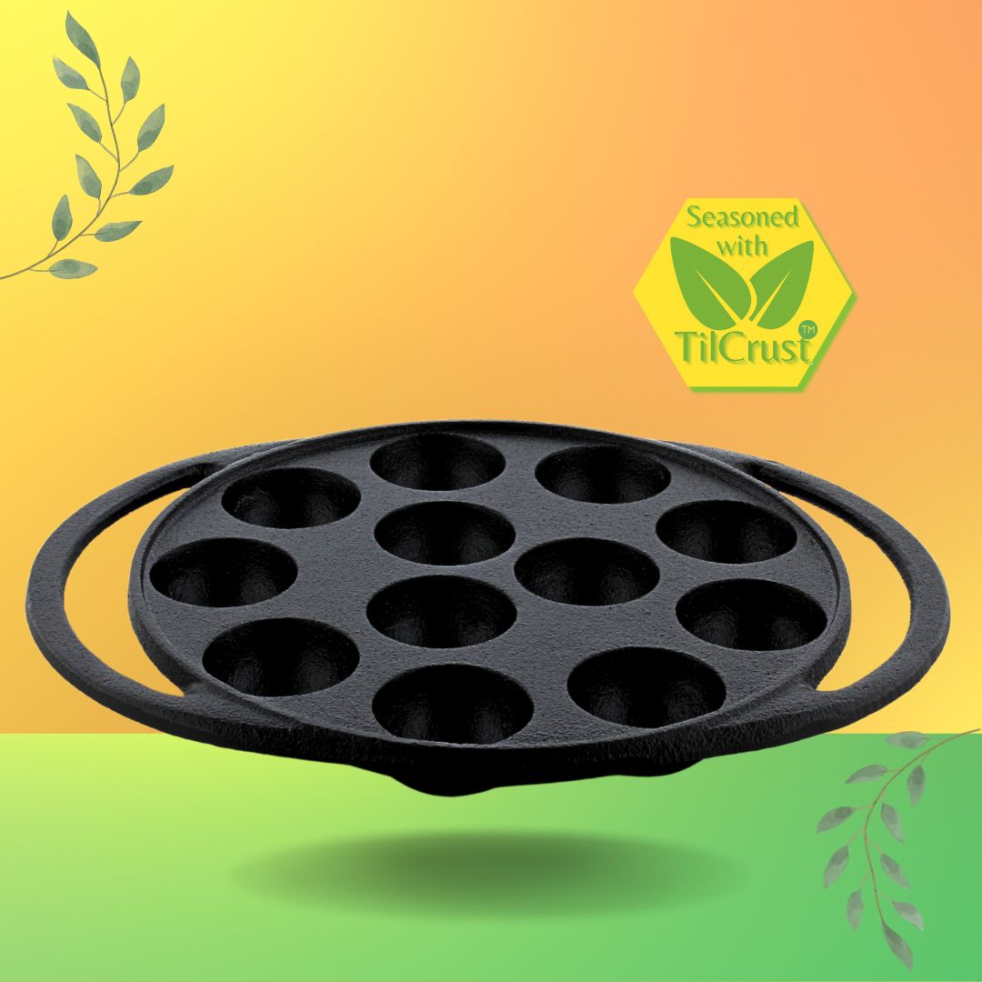 Trilonium Triple Seasoned Cast Iron Paddu tawa | Paniyarakkal | Paniyaram Pan 12 Pits | 2 Kgs