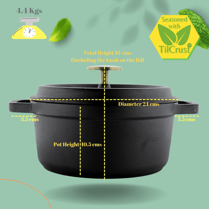 Trilonium Pre-Seasoned Cast Iron Dutch Oven Pot, Casserole, Biryani Pot, Cooking Pot, 24cm