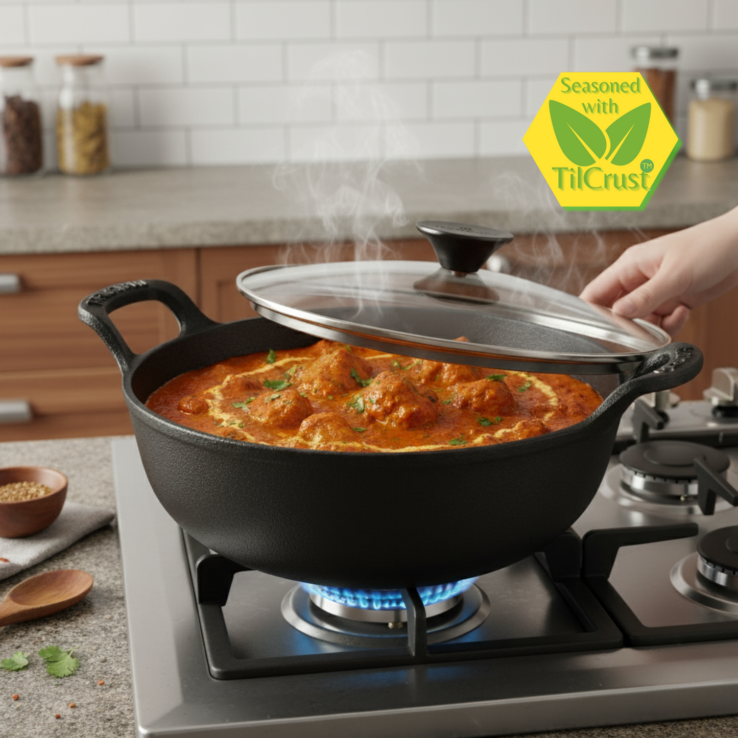 Trilonium Triple Seasoned Cast Iron CrockWok Kadhai 26 cms, 3 Litres, 2.5 Kgs with Lid
