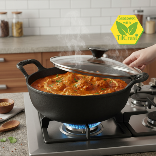 Trilonium Triple Seasoned Cast Iron CrockWok Kadhai 26 cms, 3 Litres, 2.5 Kgs with Lid
